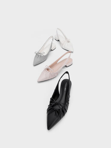 Bow Ruched Slingback Flats, Black, hi-res