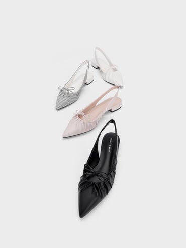Bow Ruched Slingback Flats, Black, hi-res