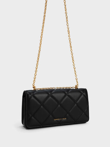 Paffuto Chain Handle Quilted Long Wallet, Black, hi-res