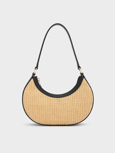 Leather & Raffia Crescent Hobo Bag, Neutral Raffia, hi-res