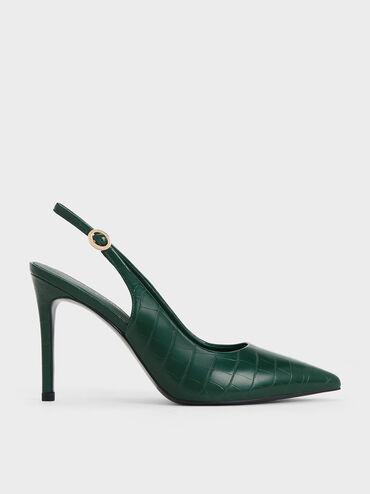 Croc-Embossed Stiletto Heel Slingback Pumps, Animal Print Dark Green, hi-res