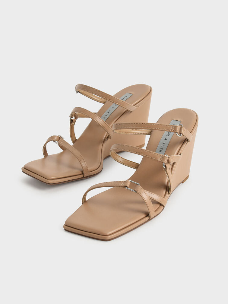 Strappy Wedge Mules, Camel, hi-res