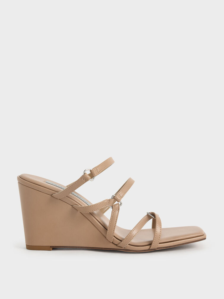 Strappy Wedge Mules, Camel, hi-res