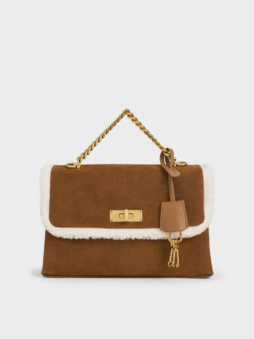 Kerry Recycled Suede & Faux Shearling Chain-Handle Crossbody Bag, Sienna Brown, hi-res