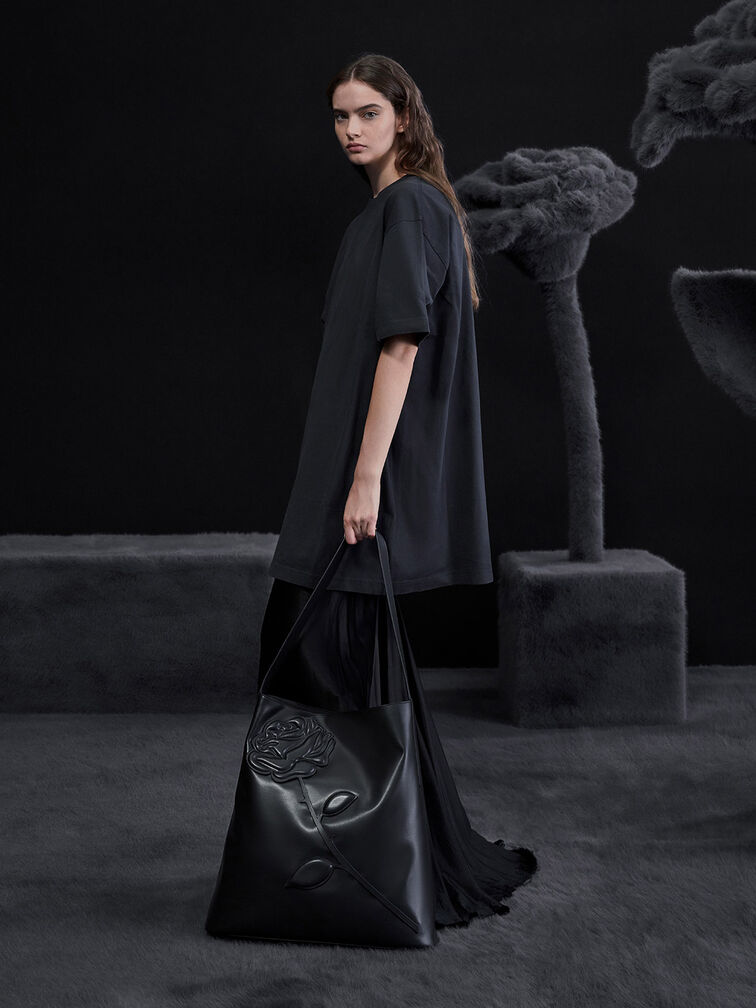 Rose-Motif Trapeze Shoulder Bag, Noir, hi-res