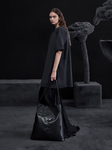 Rose-Motif Trapeze Shoulder Bag, Noir, hi-res