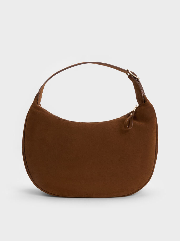 Large Vega Faux Suede Hobo Bag, Pecan Brown, hi-res