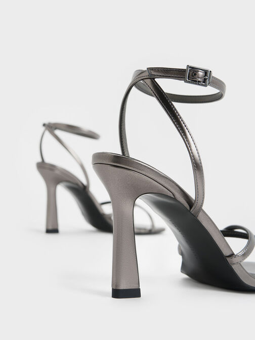 Metallic Crossover-Strap Heeled Sandals, Pewter, hi-res