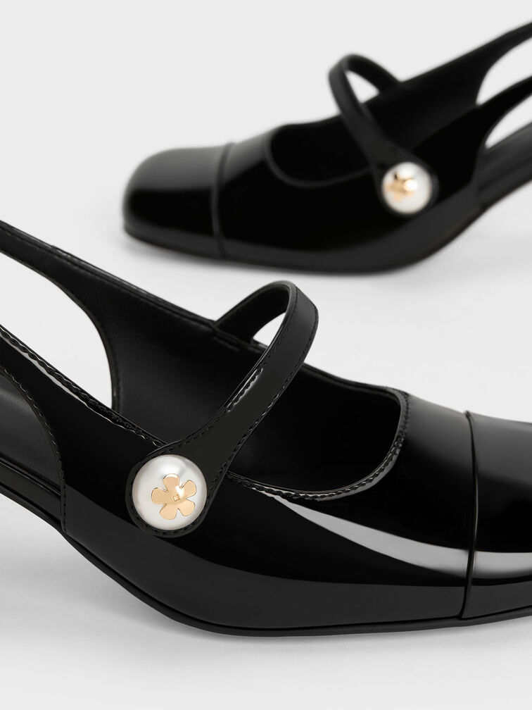 Patent Pearl Embellished Trapeze-Heel Slingback Pumps, Black Patent, hi-res