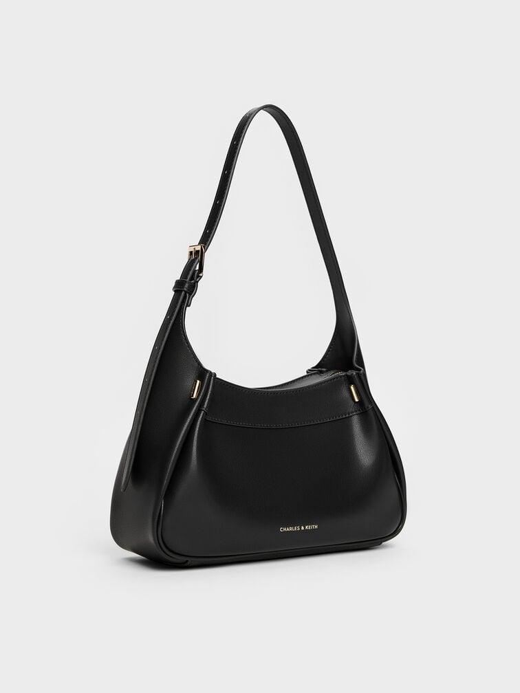 Clarice Pleated Shoulder Bag, Black, hi-res