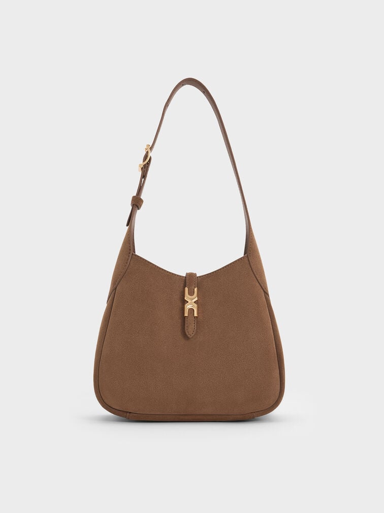 Mini Adalyn Recycled Suede Metallic-Buckle Belted Hobo Bag, Mocha Brown, hi-res