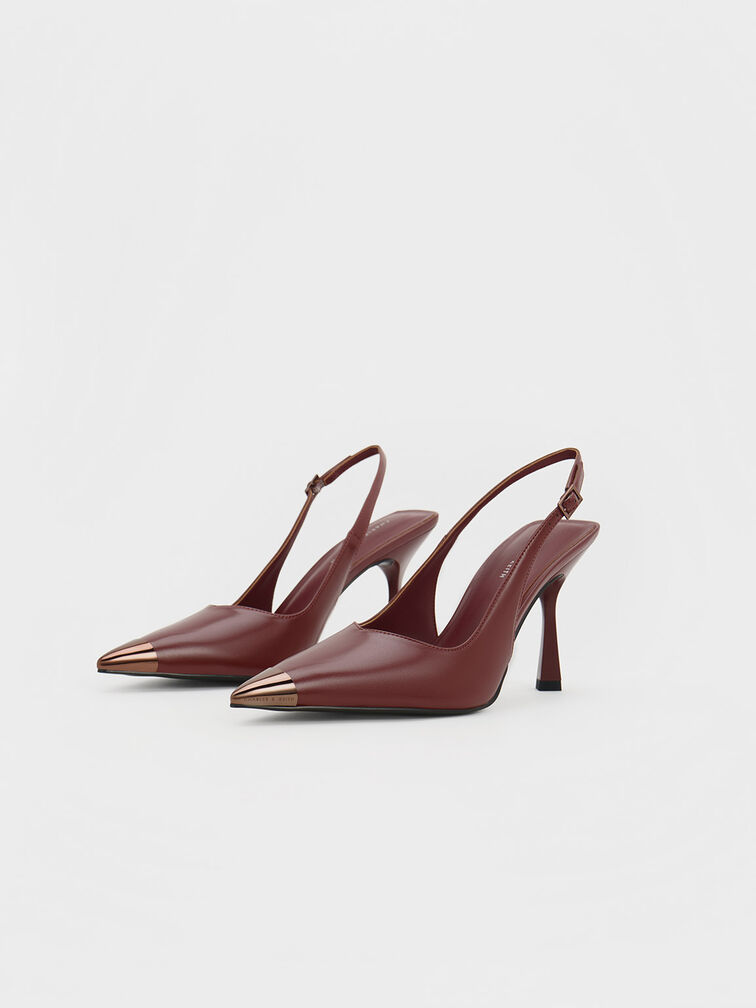Metallic Cap Pointed-Toe Slingback Pumps, Maroon, hi-res