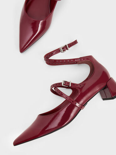 Crinkle-Effect Strappy Buckled Pumps, Burgundy, hi-res