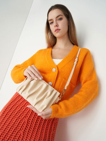 Ruched Bead-Handle Shoulder Bag, Beige, hi-res