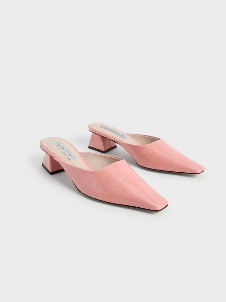 Croc-Embossed Trapeze Heel Mules, Animal Print Pink, hi-res