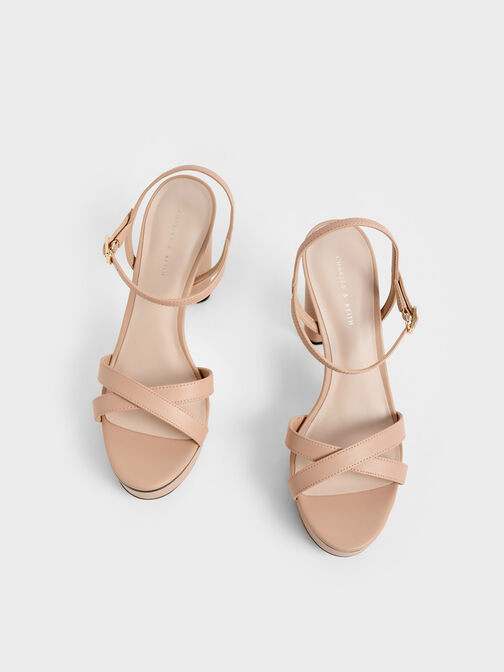 Crossover Platform Heeled Sandals, Nude, hi-res