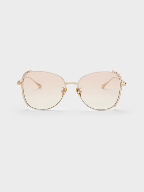 Embellished Half-Frame Butterfly Sunglasses, Cream, hi-res