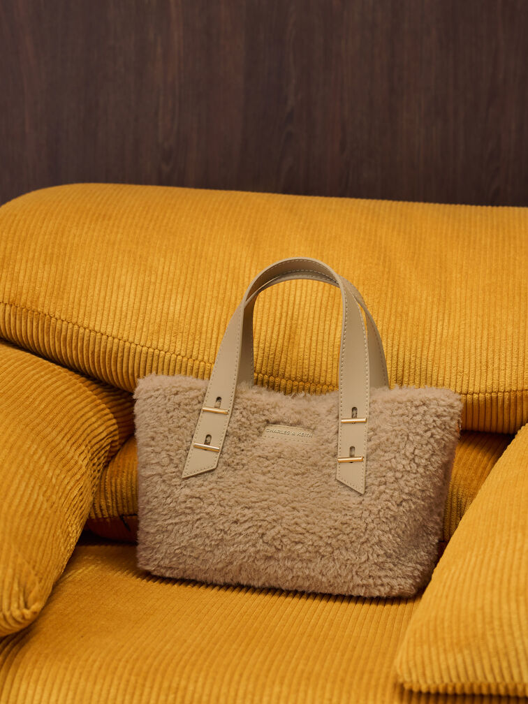Mini Shania Faux Shearling Double-Handle Tote Bag, Nutmeg Beige, hi-res