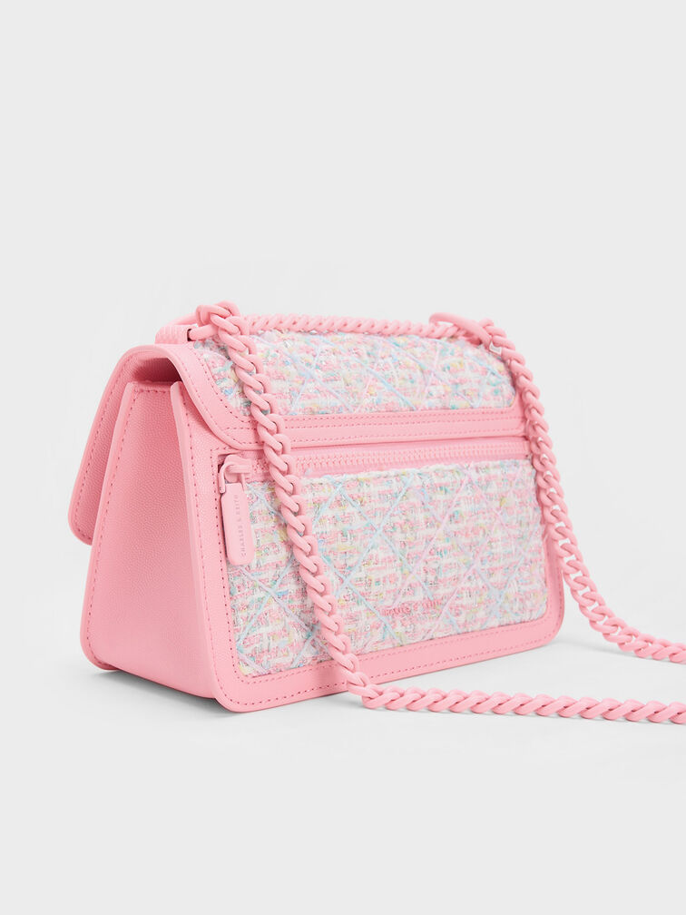 Micaela Tweed Quilted Chain Bag, Pink, hi-res
