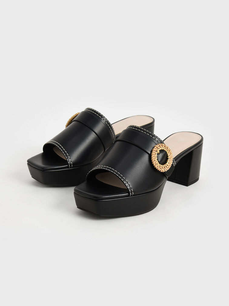 Woven Buckle Platform Mules, Black, hi-res