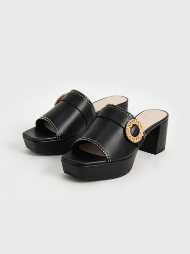 Woven Buckle Platform Mules, Black, hi-res