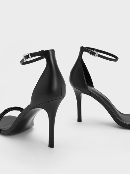 Beaded Strap Heeled Sandals, Black, hi-res