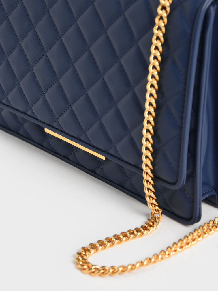 Double Chain Handle Quilted Bag, Navy, hi-res