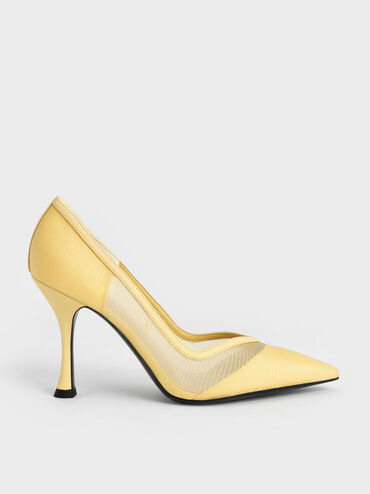 Mesh Pointed-Toe Pumps, Yellow, hi-res