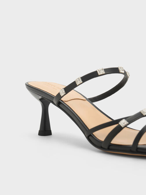 Square Crystal-Embellished Leather Heeled Mules, Black, hi-res