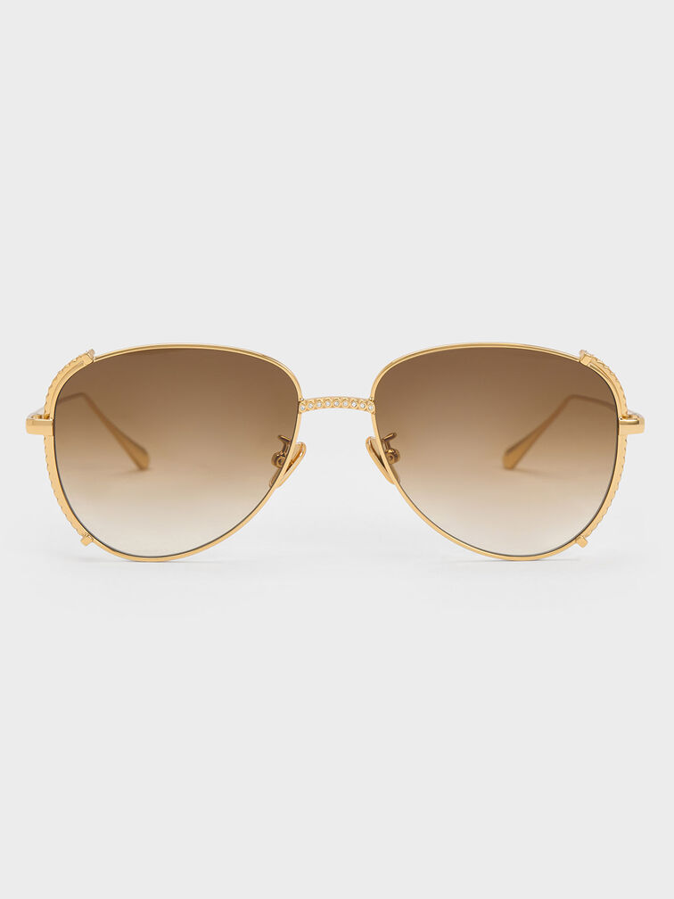 Gem-Embellished Wireframe Aviator Sunglasses, Gold, hi-res