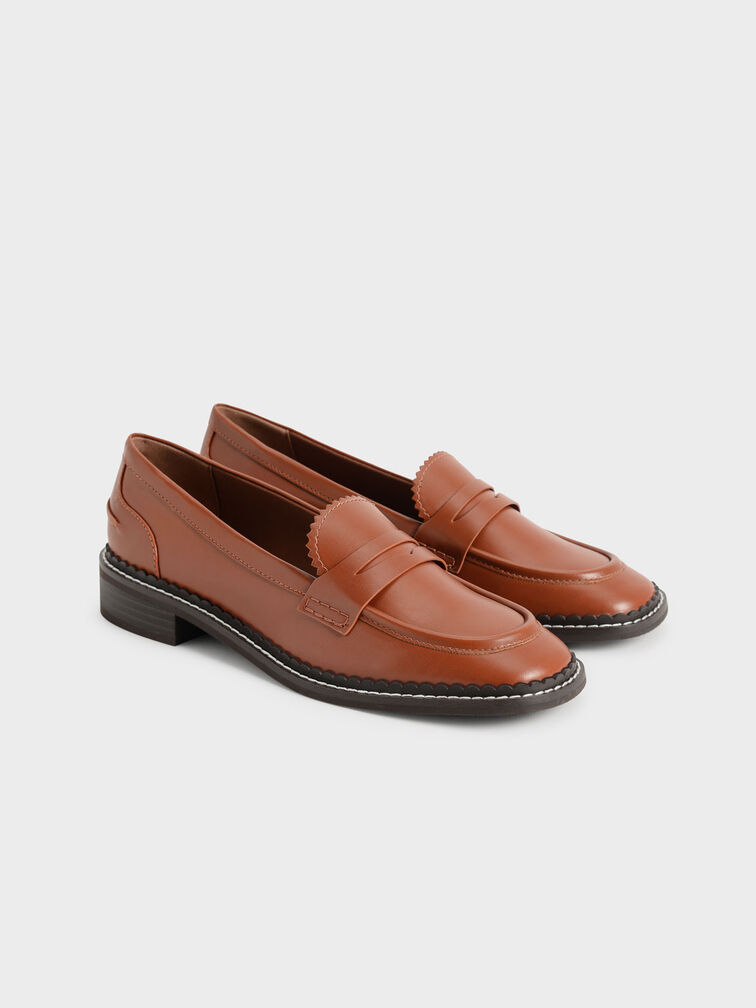 Scallop-Trim Penny Loafers, Cognac, hi-res