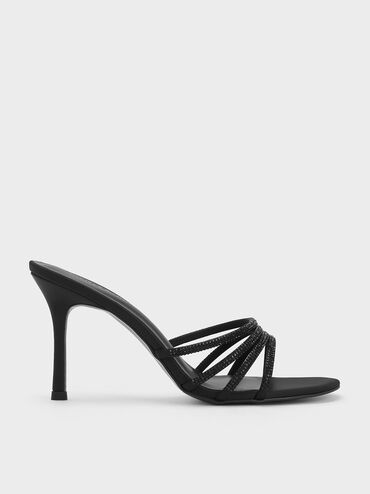 Satin Crystal-Embellished Heeled Mules, Black Textured, hi-res