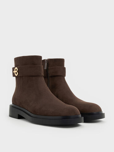 Faux Suede Metallic-Accent Ankle Boots, Brown, hi-res