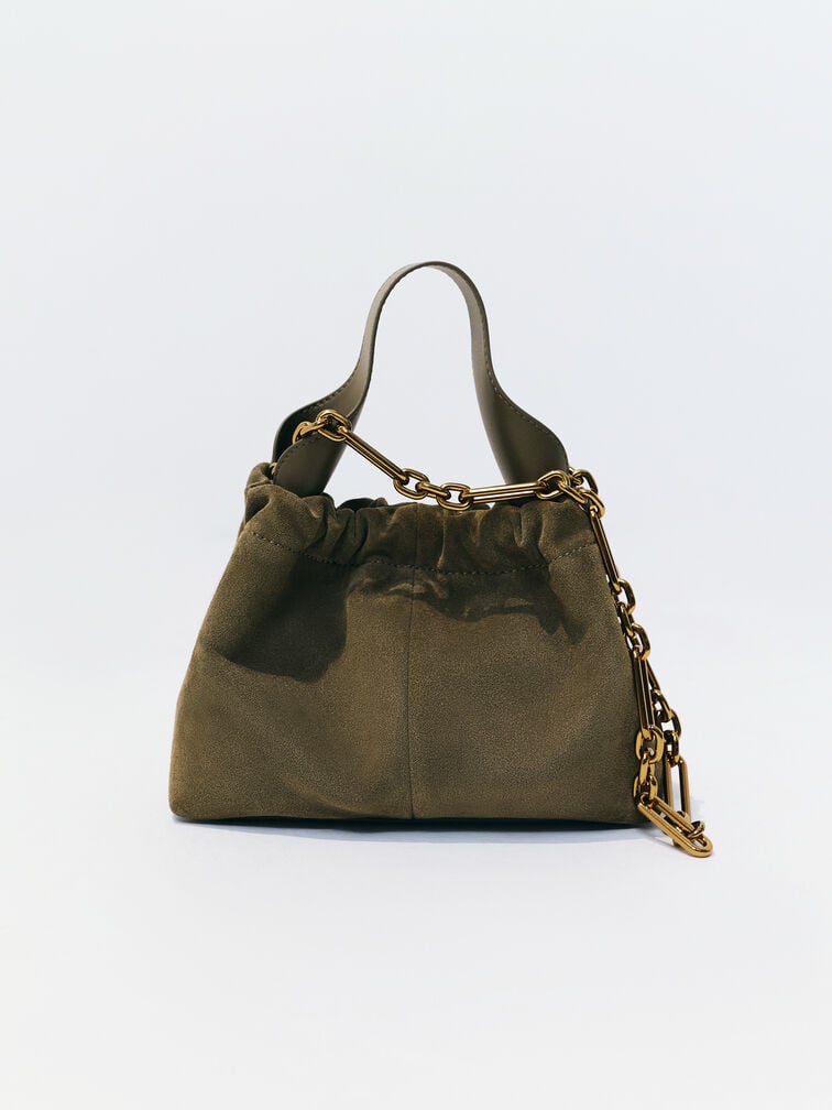 Ally Recycled Suede Ruched Slouchy Chain-Handle Bag, Deep Olive, hi-res