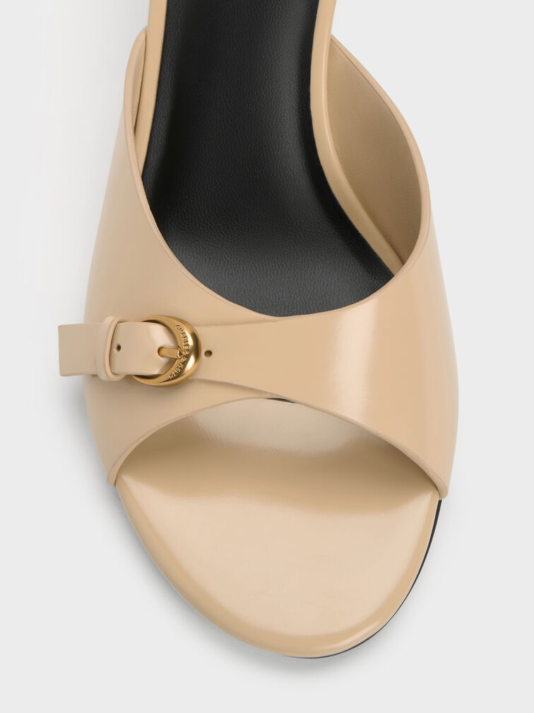 Buckled-Strap Heeled Mules, Beige, hi-res