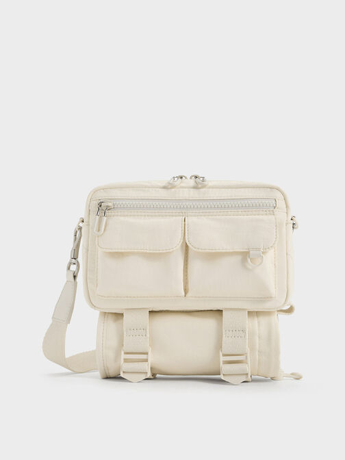 Soleil Nylon Multi-Pocket Crossbody Bag, Cream, hi-res