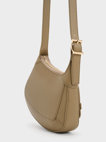 Metallic-Accent Curved Shoulder Bag, Taupe, hi-res