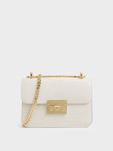 Alva Croc-Effect Chain Strap Crossbody Bag, Chalk, hi-res