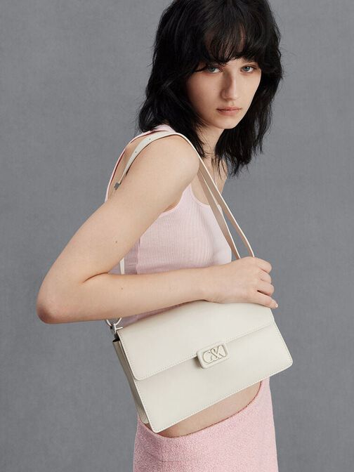 Leather Shoulder Bag, White, hi-res