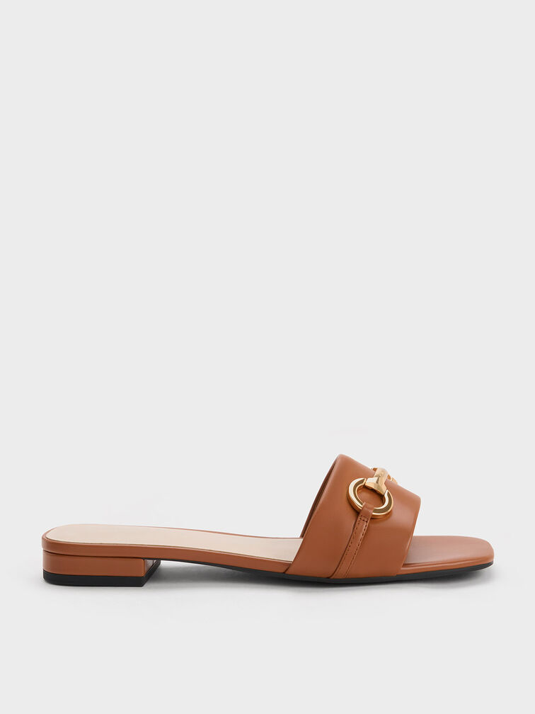 Metallic Bar Slide Sandals, Cognac, hi-res