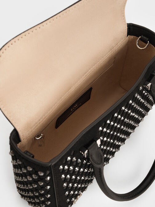 Suede & Leather Studded Cut-Out Tote Bag, Noir, hi-res