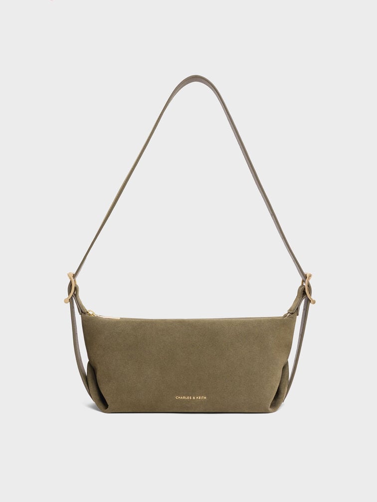 Larsen Recycled Suede Buckle-Strap Slouchy Shoulder Bag, Deep Olive, hi-res