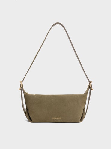 Larsen Recycled Suede Buckle-Strap Slouchy Shoulder Bag, Deep Olive, hi-res