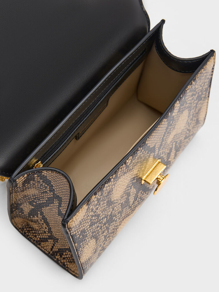 Snake Print Metallic Accent Clutch, Beige, hi-res