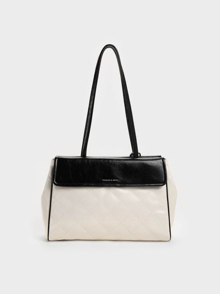 XL Apfra Two-Tone Quilted Tote Bag, Multi Cream, hi-res
