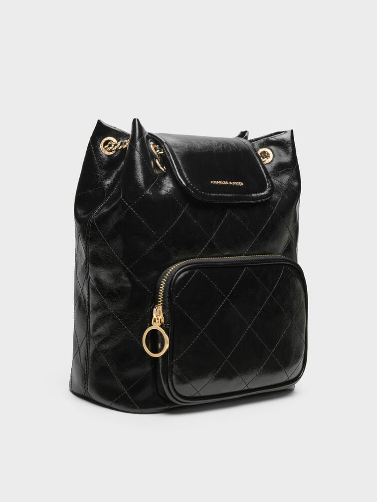 Apfra Quilted Front-Flap Bucket Bag, Black, hi-res