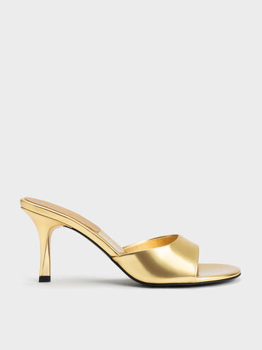 Metallic Round-Toe Sculptural Heel Mules, Gold, hi-res
