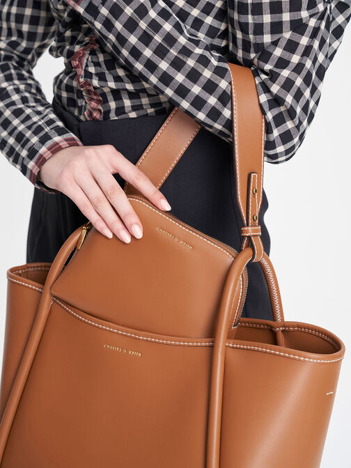 Large Stitch-Trim Slouchy Tote Bag, Cognac, hi-res