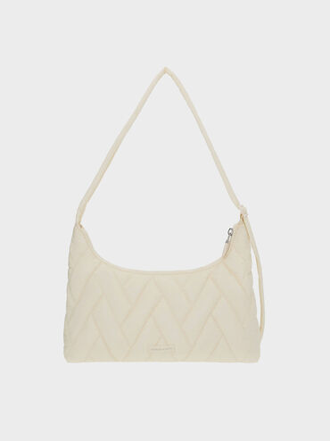 Nylon Chevron Shoulder Bag, Cream, hi-res