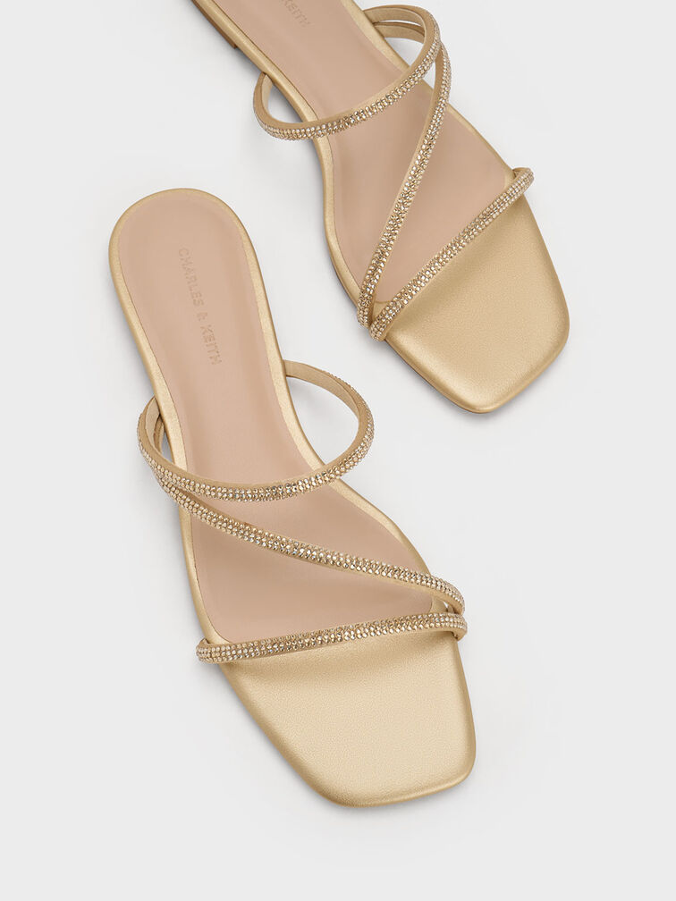Satin Crystal-Embellished Strappy Sandals, Gold, hi-res